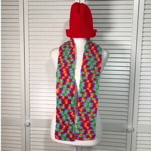 NWT Handmade Crocheted Red Multicolor Textured Beanie & Scarf 56”